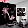 Red Lips Bathroom Curtain Set Pink High Heel Bath Mat Sets Shower Curtains with Hooks Black Non-Slip Pedestal Rug Toilet Cover 220517