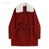 Fur Collar Wool Coat Women Winter Red Christmas New Double-Breasted Lace-Up Thick Mid-Length Long Sleeve Female Cotton Coat L220725