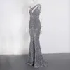 Sparkling Silver Sequin Prom Dress Cocktail Party Sexy Mermaid Gown Hollow Out Stretchy High Slit One Shoulder Sweep Train Party Dresses Real Photos Custom Made
