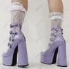 Rontic handgjorda kvinnor plattform ankel stövlar patent chunky heels rund tå vacker violett rosa vit klänning skor US storlek 5-15