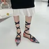 Sandals Women Pointed Toe Summer Dress Shoes Flat Heeled Ankle Strap Lace Up Casual Woman Black 40Sandals
