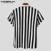 Men Striped Shirt Brand Stand Collar Streetwear Short Sleeve Button Casual Camisa Hombre Leisure Fashion Tops INCERUN S5XL 220527