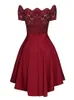 Elegancka czerwono -koronkowa sukienka Kobiety patchwork Slash Szyja Krótkie rękawe Sashes Tunik Sukienka Summer