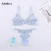 selling Women's lace embroidered underwear thin mesh see-through sexy erotic lingerie underwire gather bra thong set 220513