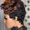 Wigs Short Bob Pixie Cut Human Hair Wig Black/Blonde/Brown Colored Curly None Lace Frontal Wigs for Women