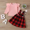 Thanksgiving Baby Meisjes Kleding Sets Ruches Lange Mouw T-shirt Tops + Gecontroleerde overalls Rokken 2 stks / set Princess Party Outfits