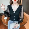 Women's Polos Western-style V-neck Sweater Women's Autumn 2022 Trendy Fashion Bow Mesh Stitching Long-sleeved TopWomen's