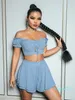 Glamaker Sexy blue off shoulder chiffon short set women Summer ruffles hollow out bandage two piece Holiday beach casual 220602