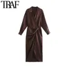 Traf Mulheres moda com vestido midi de toque macio coletado vintage de manga longa vestidos femininos vestidos mujer 220812