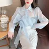 Våren ny design Kvinnor Turn Down Collar Perspective Blue Color Big Bow Plaffed Fashion Blus Shirt