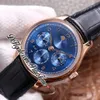 V9F 503312 Perpetual Calendar A52610 Automatic Mens Watch Rose Gold Blue Dial Number Markers Moon Phase Power Reserve Black Leather Strap Super Edition Puretime A1