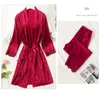 5PCS Robe Sleep Suit Pajamas Set Sexy Lace Stain Red Women Silk Pyjamas Dressing Gown Summer Sleepwear Chest Pads 220329