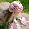 Luxuosas flores artificiais de casamento buquês para noivas dama de honra Broche Quinceanera Quince Sweet 15 16 Buquê com Rosas de seda de cristal renda de fita de lavanda