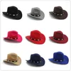 Boinas 100% lana Vintage Womem hombres Western Cowboy Hat con ala ancha Punk cinturón Cowgirl Jazz Cap cuero Toca Sombrero 23 boinas