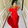 Plus size Arabische Aso Ebi Red Mermaid Sparkly Prom Dresses Pearls Mouwloze avond Formeel feest tweede receptie verjaardag verlovingsjurken jurk zj220 407