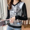 패션 여성의 티셔츠 캐주얼 탑 인쇄 T 셔츠 기본 바닥 셔츠 숙녀 V 넥 긴 소매 티 220328