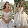 2023 Luxury Ball Gown Wedding Dresses Sexy V Neck Long Sleeves Lace Flower Appliques Sequins Beaded Floor Length Ruffles Custom Ma288Z