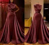 Burgundy Elegant Satin Ruched Evening Dresses With Detachable Train Long Sleeves Prom Party Gowns Arabic Aso Ebi Women Formal Occasion Dress Robe de Soiree AL7798