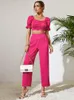 女性の2ピースパンツ夏の女性バラ色のバックレススリットパンツセットソリッドカラースクエアカラーファッション女性セクシーな衣装2022Women's