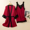 Women's Sleepwear Women 2PCS Rayon Kimono Robe Gown Sets Sexy Spaghetti Strap Nightdress Bathrobe Lingerie Lounge Home Clothes NightgownWome