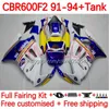 Body +Tank لـ Honda CBR600 CBR 600 F2 FS CC 600F2 91-94 Bodywork 140NO.322 600FS 600CC CBR600F2 91 92 93 94 CBR600-F2 CBR600FS 1991 1992 1993 1994 Fairing Kit Blue White White