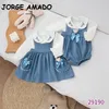 Primavera familia a juego hermana ropa manga larga blanco azul patchwork bodyprincesa bebé vestido trajes E9190 220531