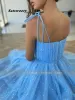 Işıltılı ışık gök mavisi bir çizgi gece elbise yıldızlı tül spagetti kayışları sevgilim kısa balo elbise pileli çay uzunluğu resmi parti önlükleri özel yapılmış