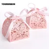 50pcs/lot Ribbon Pyramid Laser Cut Wedding Favor Candy Gift Chocolate Box White Pink 220420