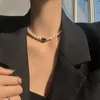 Chokers Fashion Retro Geometry Square Green Glass Barock Imitation Pearl Short ClaVicle Necklace For Women Bride Jewelry N2355Chokers Sidn2