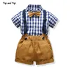 Top und Mode Kleinkind Jungen Kleidung Sets Baumwolle Plaid Kurzarm Hemd + Hosenträger Shorts Baby Gentleman 2 Stücke Anzug 220507