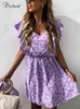 DICLOUD Boho Floral Femmes Robe Pour L'été 2022 Élégant Lilas Lumière Plage Courte Robe D'été Sexy Col En V À Volants Imprimer Fête Femme G220510