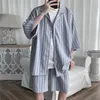 Summer Men Shorts Set Matching Shirts Letter Striped Lightweight Tracksuit Man Short Sleeve Elastic Waist Oversize Suit Clothing 220610