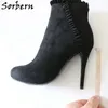 Sorbern Black Faux Suede Pleated Boots Women Ankle High Stilettos High Heel Round Toe Side Zipper Custom Service Size Eu33-48