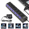 Noir blanc 7 Ports LED USB 2.0 adaptateur Hub interrupteur marche/arrêt câble Usb accessoires informatiques pour PC portable