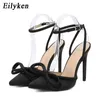 Nxy Sandals Silk Butterfly-knot Women Pumps Sexy Pointed Toe Ankle Buckle Strap Thin High Heels Female Shoes Purple Designer