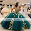 صياد الأخضر الأميرة الكرة بثوب فساتين Quinceanera معطلة الكتف فتاة حلوة 16 فستان ذهبي من الدانتيل vestidos de 15 anos