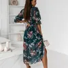 Kvinnor Floral Print Long Dress Summer Boho Sexig V Neck Half Sleeve Kvinnlig vintage Casual Side Split Big Hem Maxi ES 220521