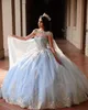 ELegant Light Blue Lace Quinceanera Dresses Ball Gown 2022 Sweetheart Neck Graduation Birthday Party Dress With Cape vestido de Pr6290303