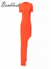 Bomblook 2022 Orange Crew Neck Short Sleeves Asymmetric Body Hip Casual Long Dress Everyday Dress Q22DS177 Y220401