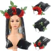 Mulheres Halloween Artificial Rose Flower Head Band com copo de renda preta Cosplay Hair Hoop