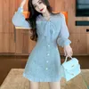 Spring Vintage Sexig Seethrough Chiffon Patchwork T Mini Dres Ribbon Bow SingleBreasted Long Sleeve Party Dress 220727