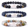 Mode Jesus Cross Charm Strands Armband Män Nature Lava Stone 8mm White Pärlor Armband Bön Reiki Bangles For Women Yoga Jewelry