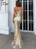 Missord été femmes robe élégante Maxi Spaghetti sangle paillettes soirée bal Sexy moulante dos nu fête jaune Vestidos 220510