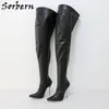 Sorbern Siyah Matt Kadın Çizmeler 12 cm Metal Topuk Ile Stilettos Sivri Burun Geri Fermuar Özelleştirilmiş Geniş veya Slim Fit Bacaklar