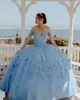 Light Sky Blue Quinceanera Dress 2023 3D Flowers Beading Lace Tulle Puffy Sweet 16 Gowns Vestidos De 15 Anos Lace-Up Corset Back Off-Shoulder Princess Charro Mexican