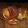 6pc Classical Golden Cocktail Metal Coaster Continental Vintage Zinc Alloy Plated Gold Mat placemat diameter 10 5cm 220610