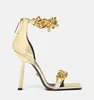 2022 Elegante goldene Kettengliederriemen Ledersandalen Schuhe Reißverschlussabsatz Pumps Luxuriöse Marke Damen High Heels EU35-42.BOX