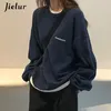 Jielur Kpop Letter Hoody Fashion Korean Thin Chic Womens Sweatshirts Cool Navy Blue Grey Hoodies for Women MXXL 220805