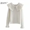 Zevity Mujeres Moda Flor Bordado Turn Down Collar Casual Knitting Sweater Mujer Chic Flare Manga Jerseys Tops S431 201221