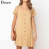 Floral Print Dress Women Summer Sexy V Neck Beach Chiffon Dress Casual Ruffled Short Sleeve Button Mini Dress Loose Sundress 210414